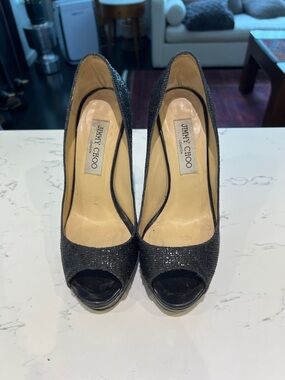 Jimmy Choo Black Glitter Peep-Toe Heels